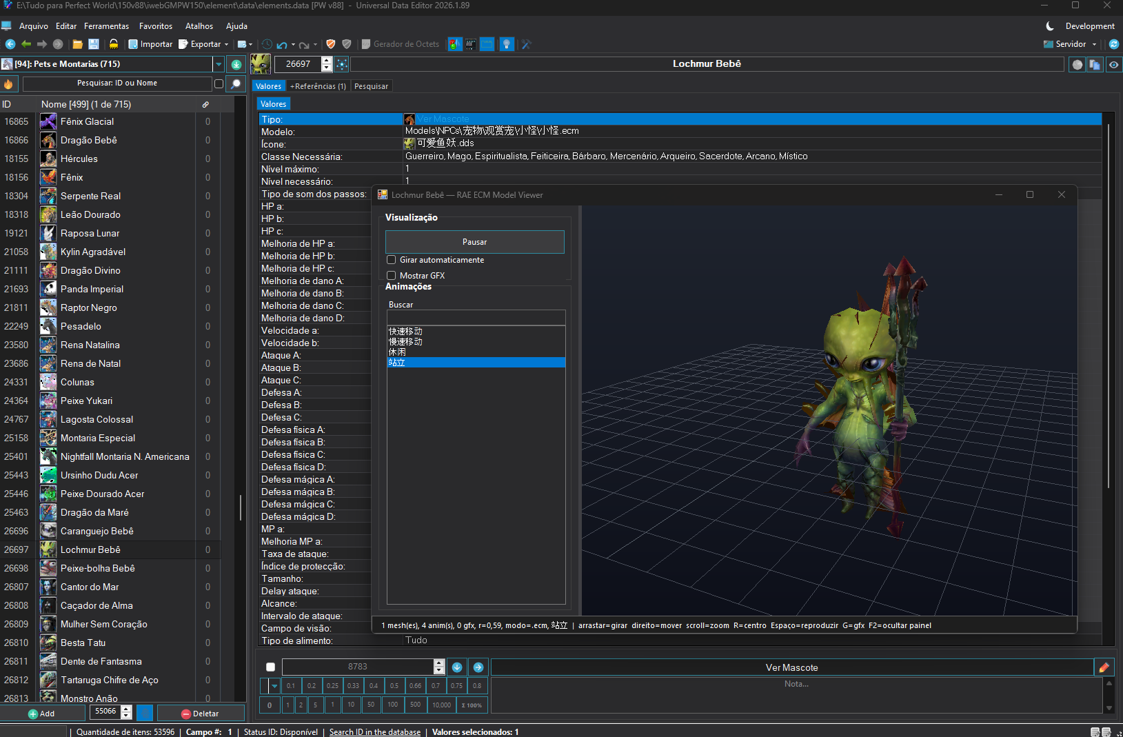 Editor Universal visualizando montaria